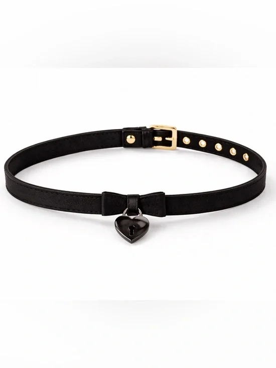 Black Leather Heart Lock Choker Necklace Sexy Adjustable - Picture 8 of 8
